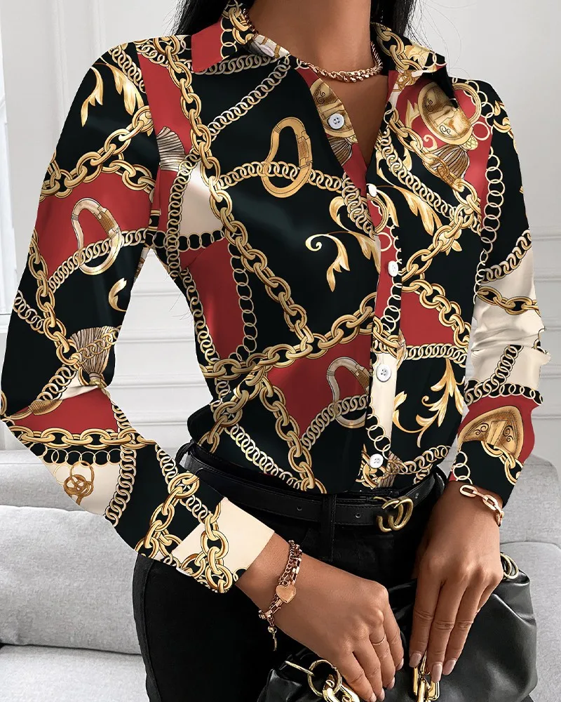 Color: Red, Size: L - Women Fashion Wild Shirts Chain/Floral/Letter/Geometric Square Print Turn-Down Collar Long Sleeve Blouses