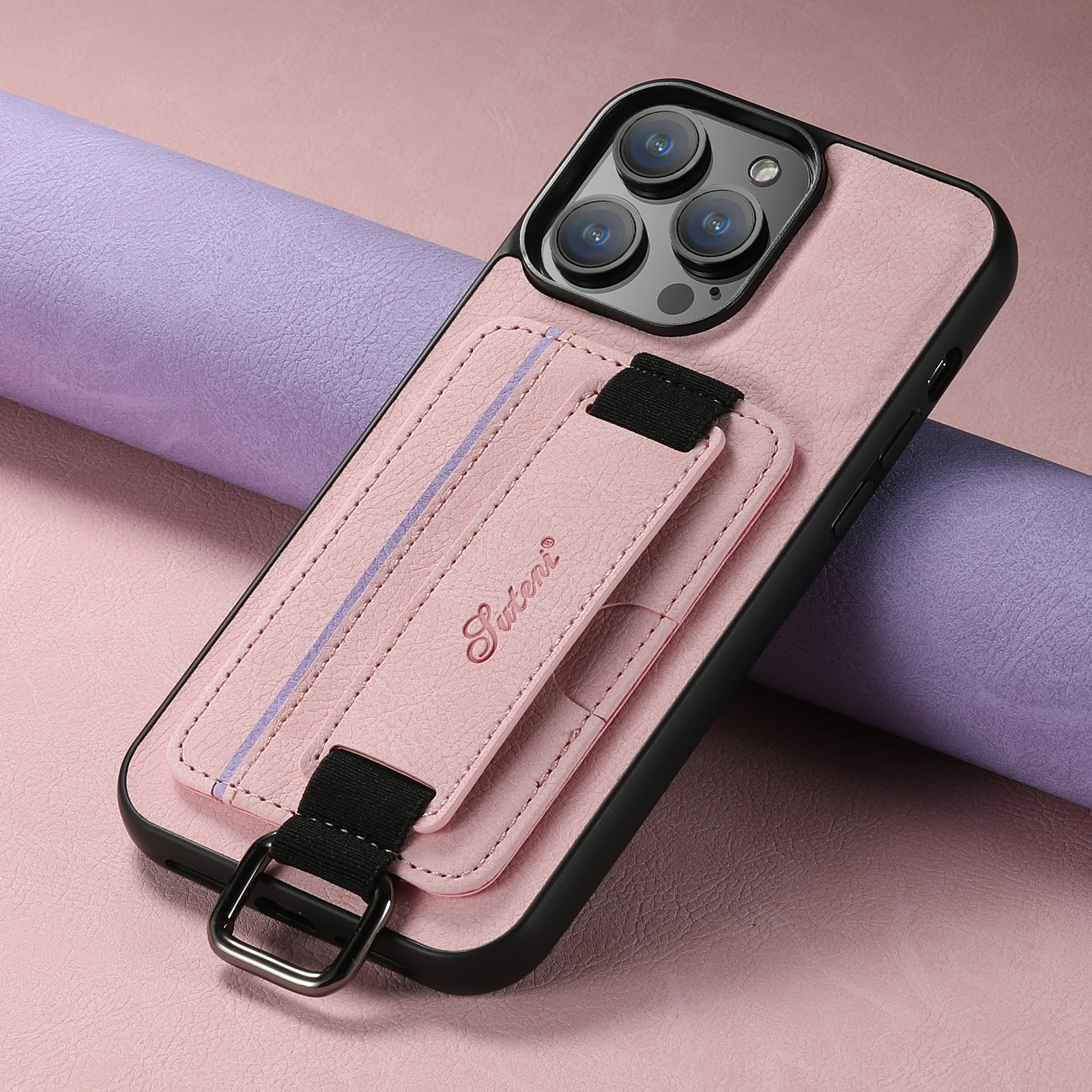 Color: pink, Material: Microfiber - SUTENI Lychee skin print wrist strap card phone case Card holder for iPhone 16 ProMax 15 Plus 14 13 12 11 XR XS Black/blue/brown