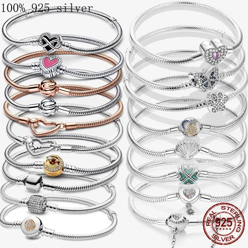 Gem Color: multi, Length: 19cm - 925 Silver Heart Snake Chain Bracelet For Women Infinite Knot Butterfly Infinity Clasp Femme Bracelet Bangles Jewelry Gift