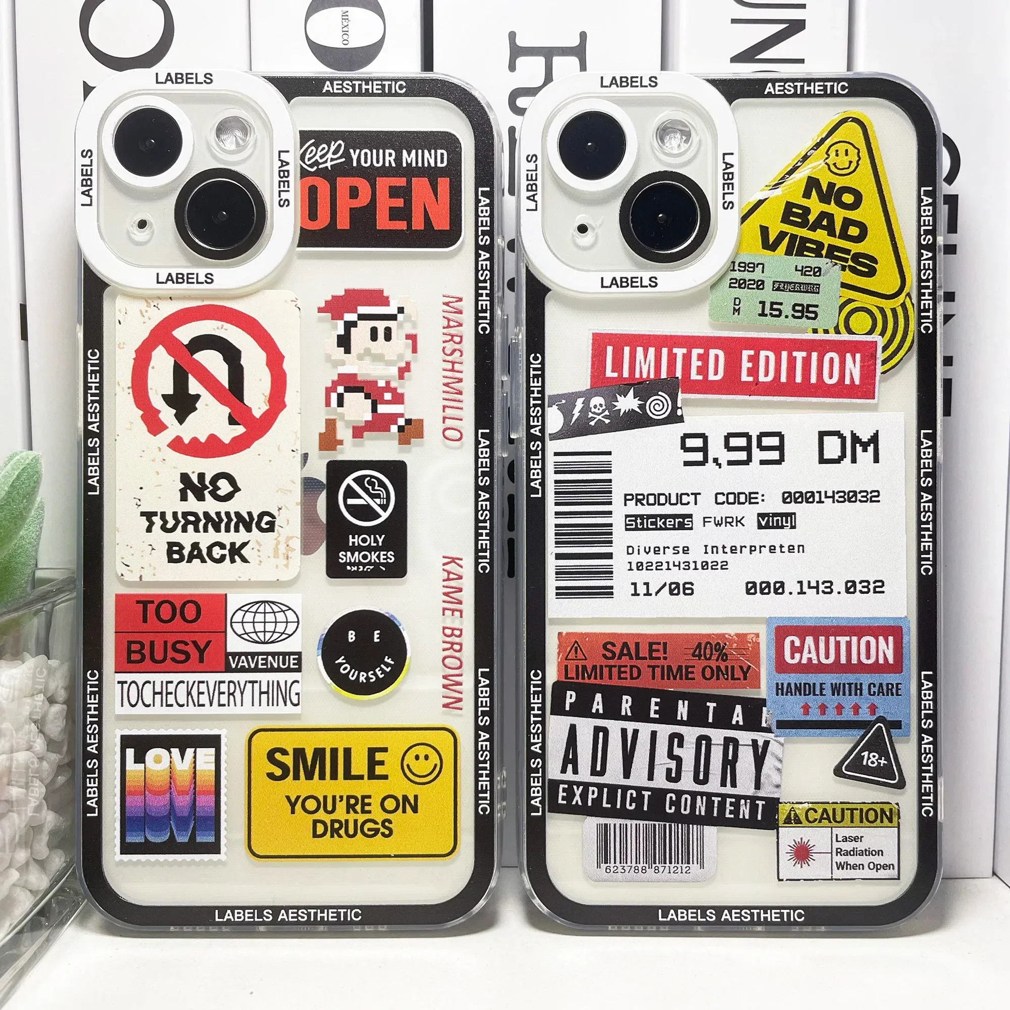 Color: black, Material: Plastic - Mix Labels Aesthetic Stickers Collage Phone Case For iPhone 16 15 14 13 12 11 Pro Max Mini XS X XR SE 7 8 Plus Clear Soft Cover