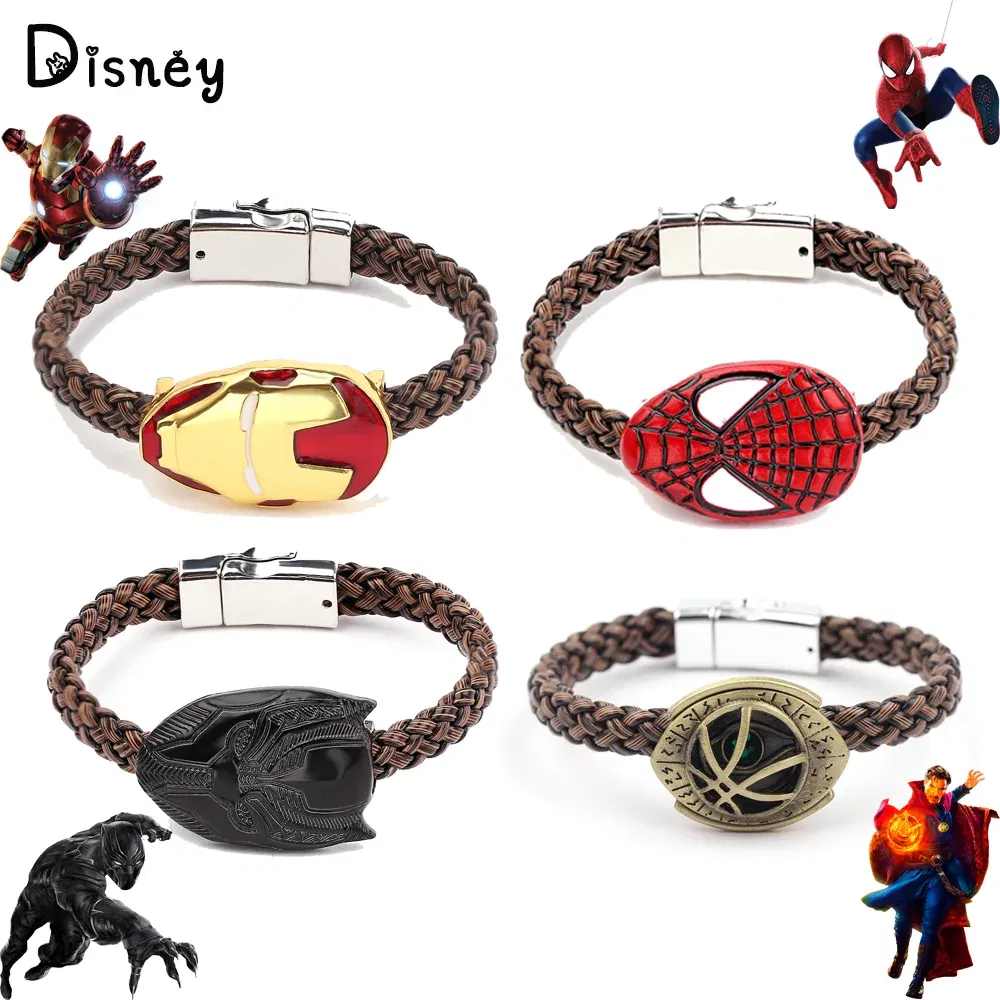 Metal Color: Vermeil, Ships From: CHINA - Marvel Superhero The Avengers Bracelet Iron Man Spiderman Mask Handmade Woven Leather Rope Bangle Charm Jewelry Accessory