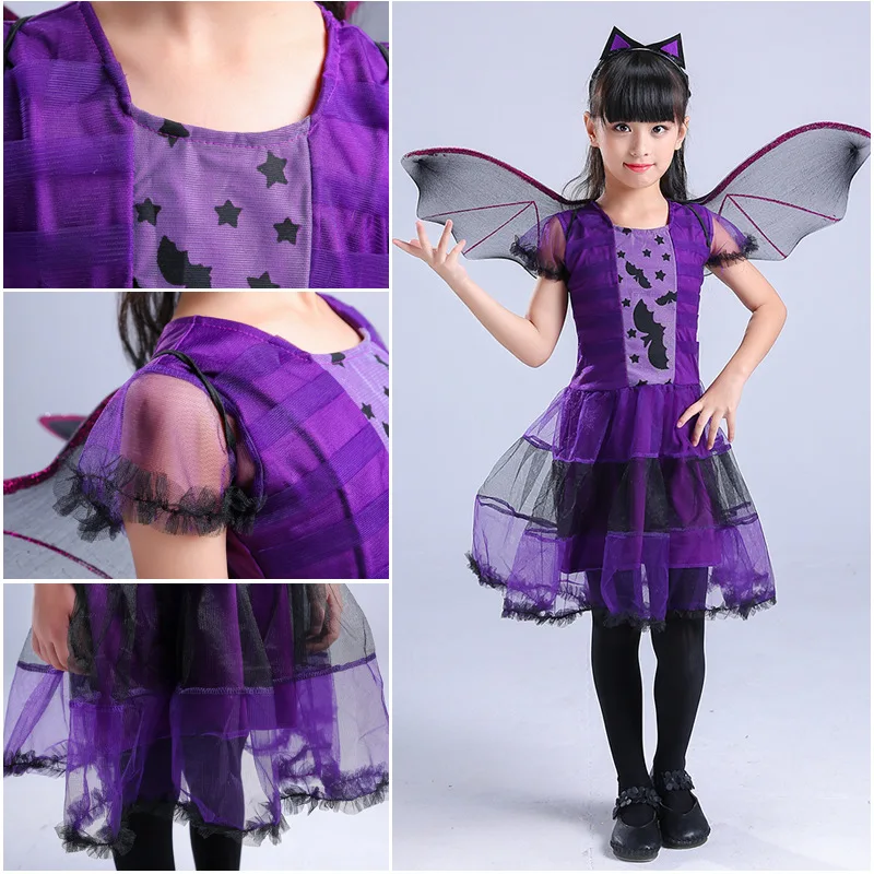 Kid Size: 9, Color: Blue - Halloween Children Purple Vampire Costume Girls Dress Kids Clothes Baby Bat Spider Party Cosplay Headband +Wing Outfit