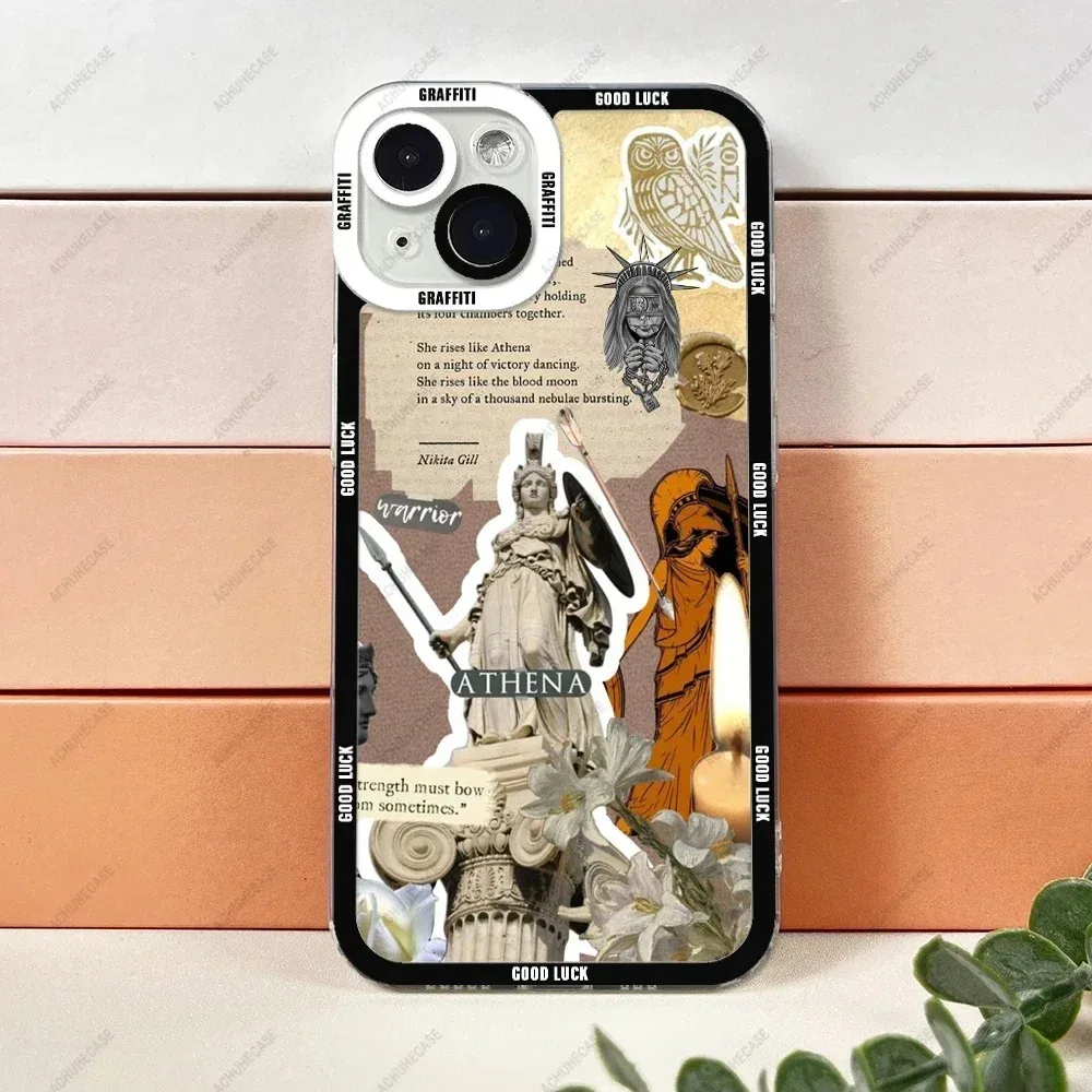 Color: Brown, Material: aluminum - Aesthetic Statue Art Phone Case For iPhone 16 15 14 13 12 11 Pro Max XS X XR Plus Mini Luxury Transparent Soft Funda