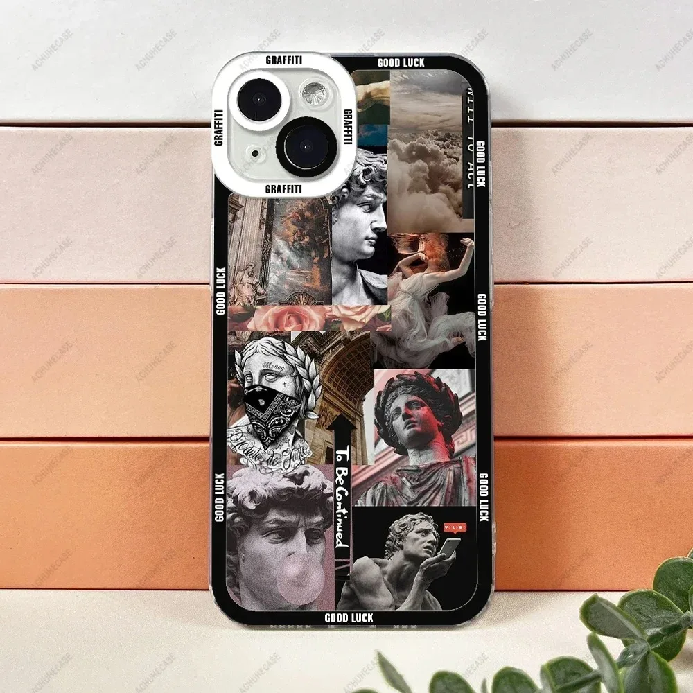 Color: Brown, Material: aluminum - Aesthetic Statue Art Phone Case For iPhone 16 15 14 13 12 11 Pro Max XS X XR Plus Mini Luxury Transparent Soft Funda