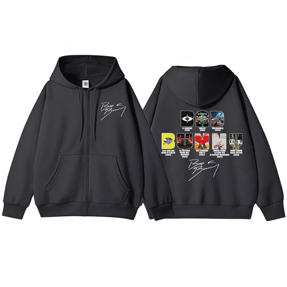 Color: Brown, Size: L - Rapper Bad Bunny Music Album Cover Print Zipper Hoodies Men Women Clothing Hip Hop Zip Up Sweatshirts Long Sleeve Hoodie Jackets