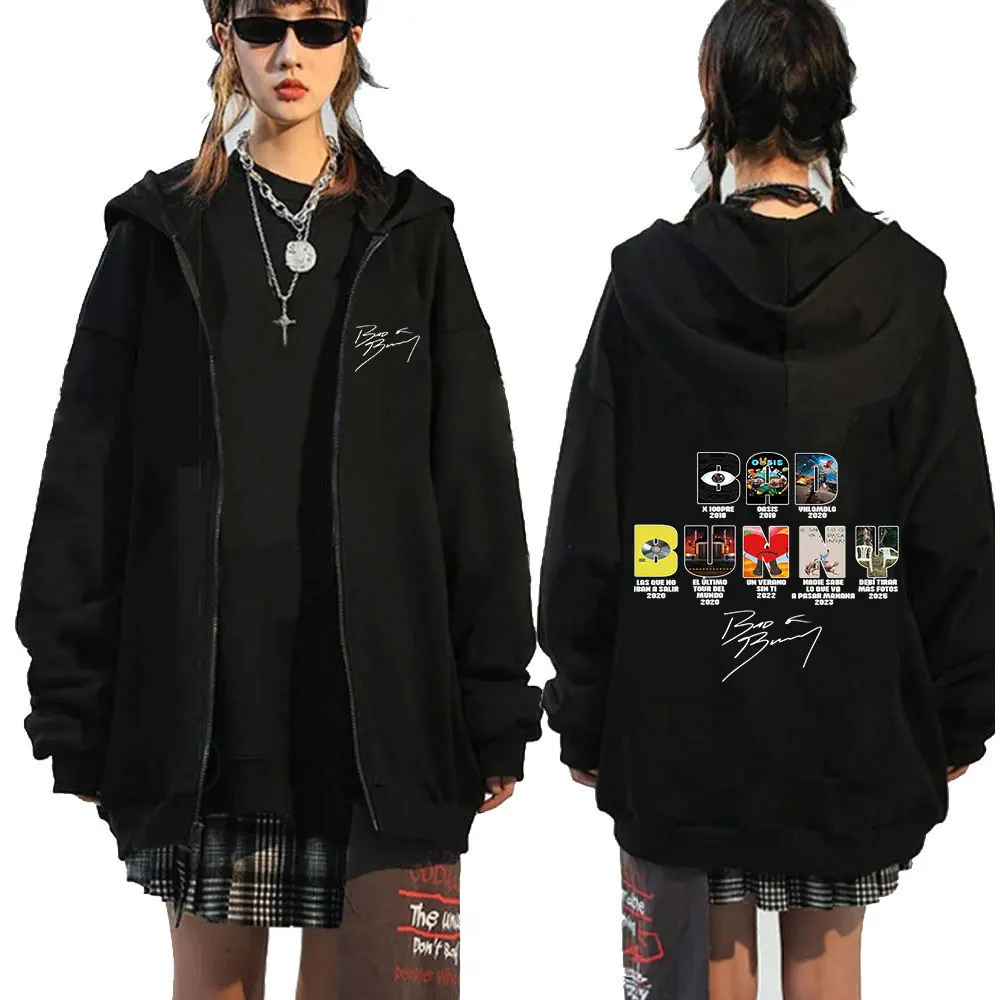 Color: Brown, Size: L - Rapper Bad Bunny Music Album Cover Print Zipper Hoodies Men Women Clothing Hip Hop Zip Up Sweatshirts Long Sleeve Hoodie Jackets