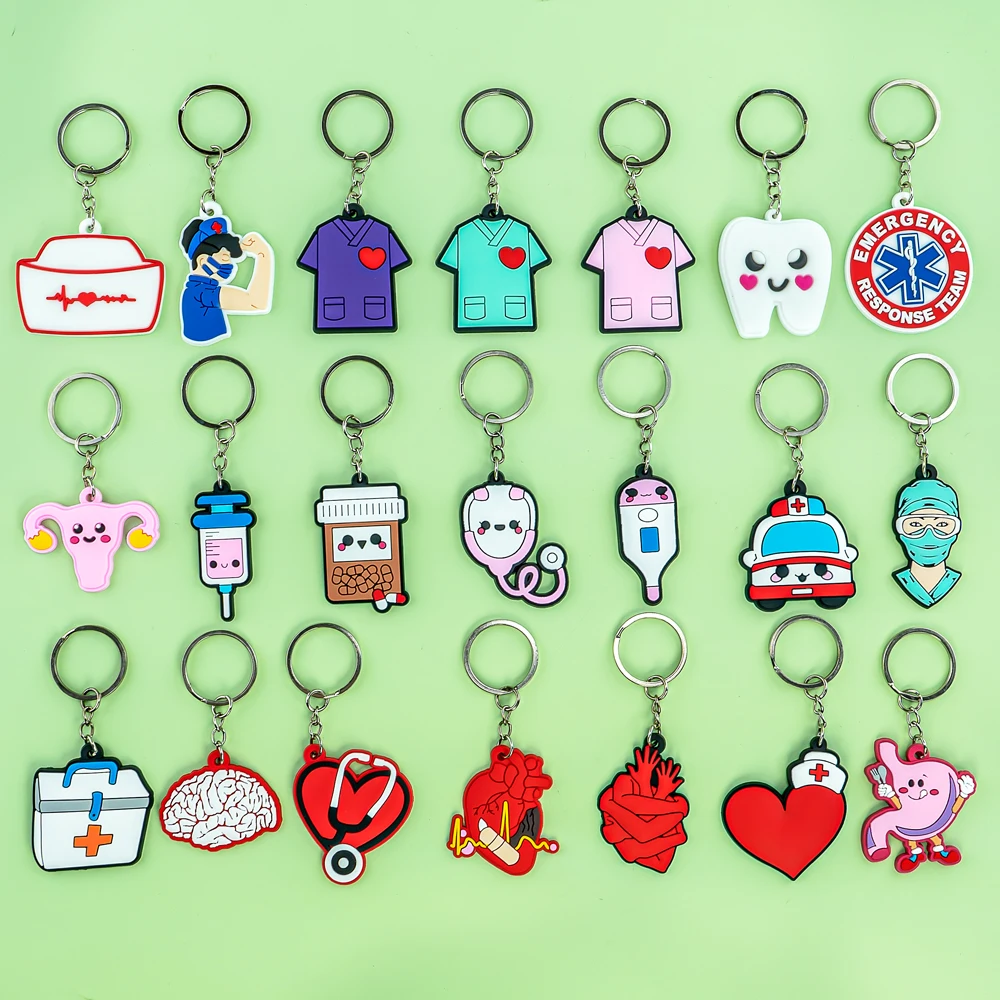 Color: Champagne - 1PCS PVC Rubber Hot Keychain for nurses New Design Medicine Style Heart & Brain Car Key Pendant Cute Bag Ornament Gift