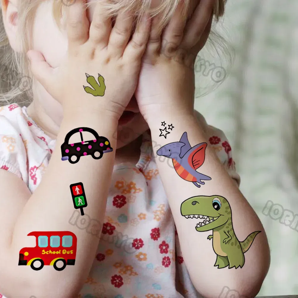 Color: monochrome - Cute Small Bus Car Temporary Tattoos For Kids Boys Girls Baby Child Cute Dinosaur Tattoo Sticker Funny Fake Star Tatoo Face Hand