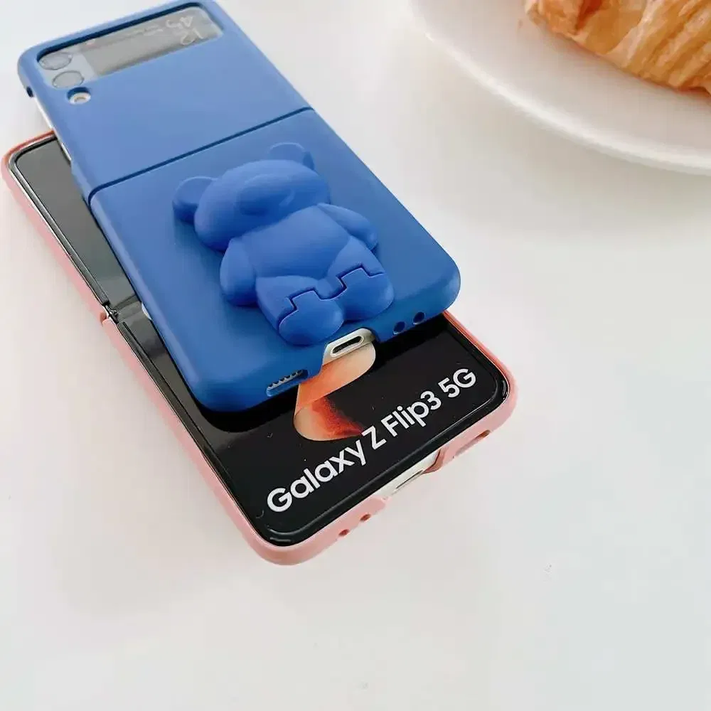 Color: Rose, Material: Aluminum - 3D Bear Bracket Kickstand Cute Case For Samsung Galaxy Z Flip 5 4 3 Hard Phone Case For Samsung Z Flip 3 4 Flip5 ZFlip4 Cover