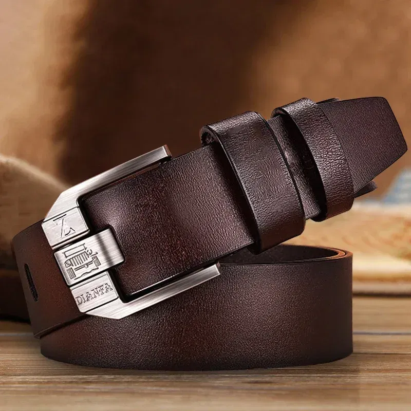 Color: WHITE, Belt Length: 110cm - 130CM Leather Cowhide Men's Belt Fashion Metal Alloy Pin Buckle Adult Luxury Brand Jeans Business Casual Waist Male Strap Brand