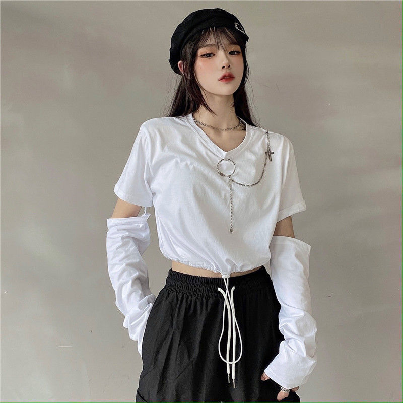 Color: black, Size: M - Solid T-shirts Women Removable Sleeve Sequined Chain Japanese Style Harajuku Trendy Goth Y2k Female Crop Top Hot Sale Popular