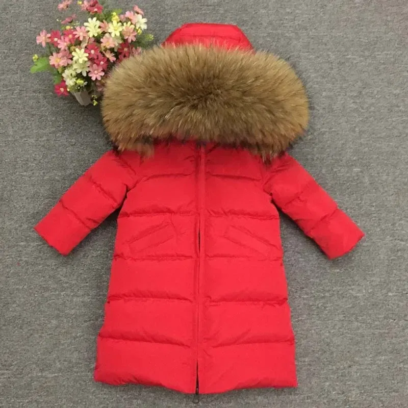 Color: Blue, Kid Size: 8 - Children Girl boy Winter real fur thickened down jackets 90 down Long Coat jacket overcoat baby kids clothing -30 outwear ws1245
