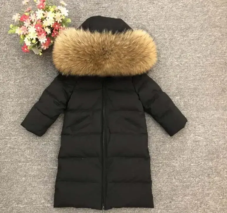 Color: Blue, Kid Size: 8 - Children Girl boy Winter real fur thickened down jackets 90 down Long Coat jacket overcoat baby kids clothing -30 outwear ws1245
