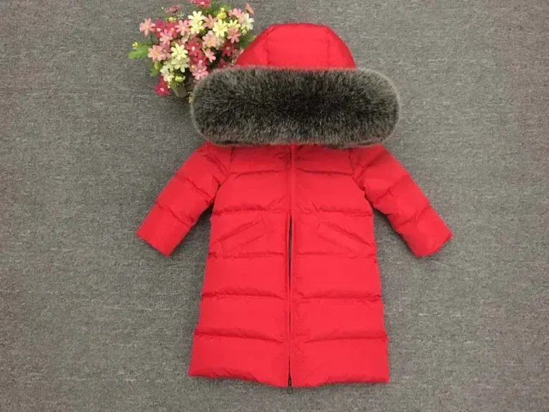 Color: Blue, Kid Size: 8 - Children Girl boy Winter real fur thickened down jackets 90 down Long Coat jacket overcoat baby kids clothing -30 outwear ws1245