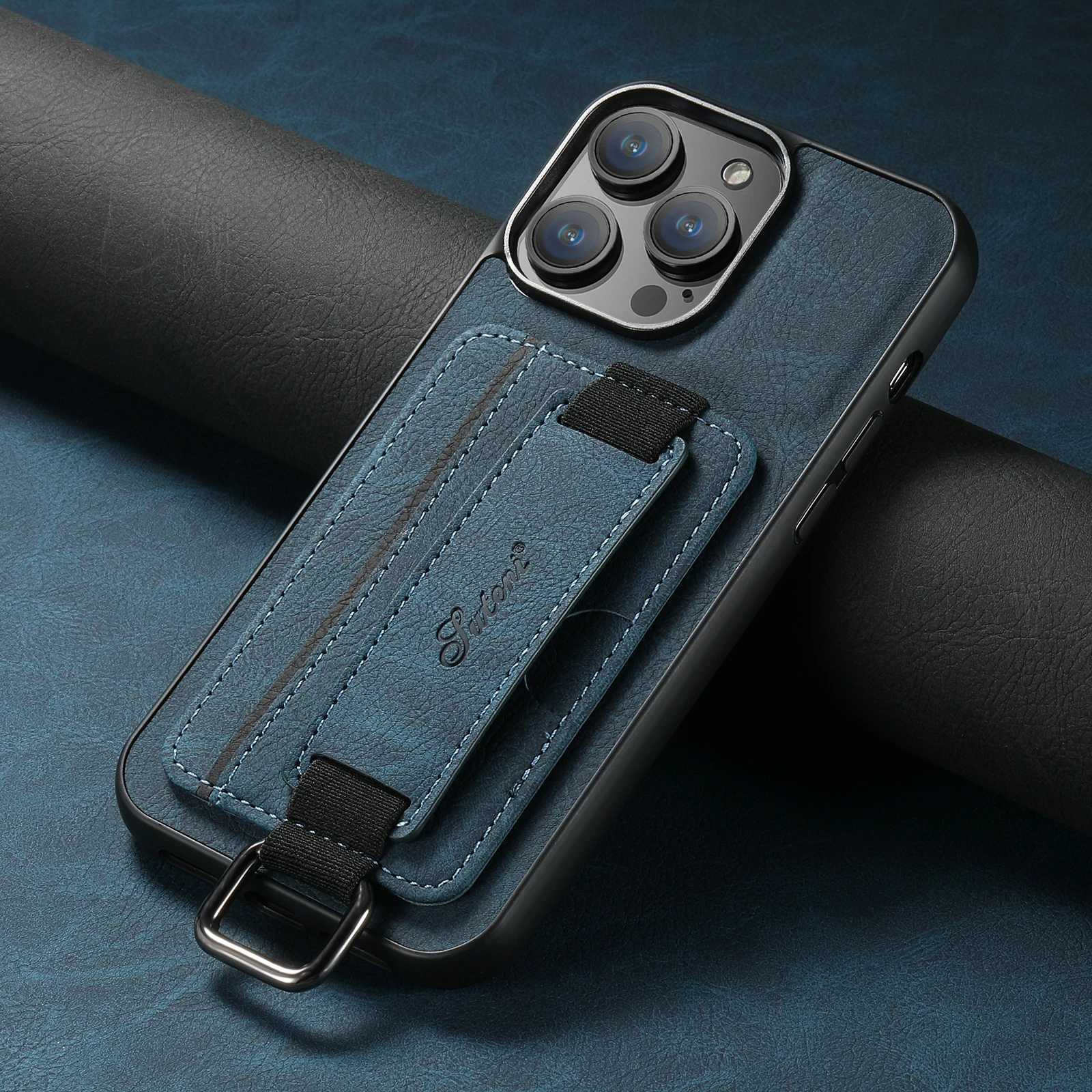 Color: Blue, Material: Neoprene - SUTENI Lychee skin print wrist strap card phone case Card holder for iPhone 16 ProMax 15 Plus 14 13 12 11 XR XS Black/blue/brown