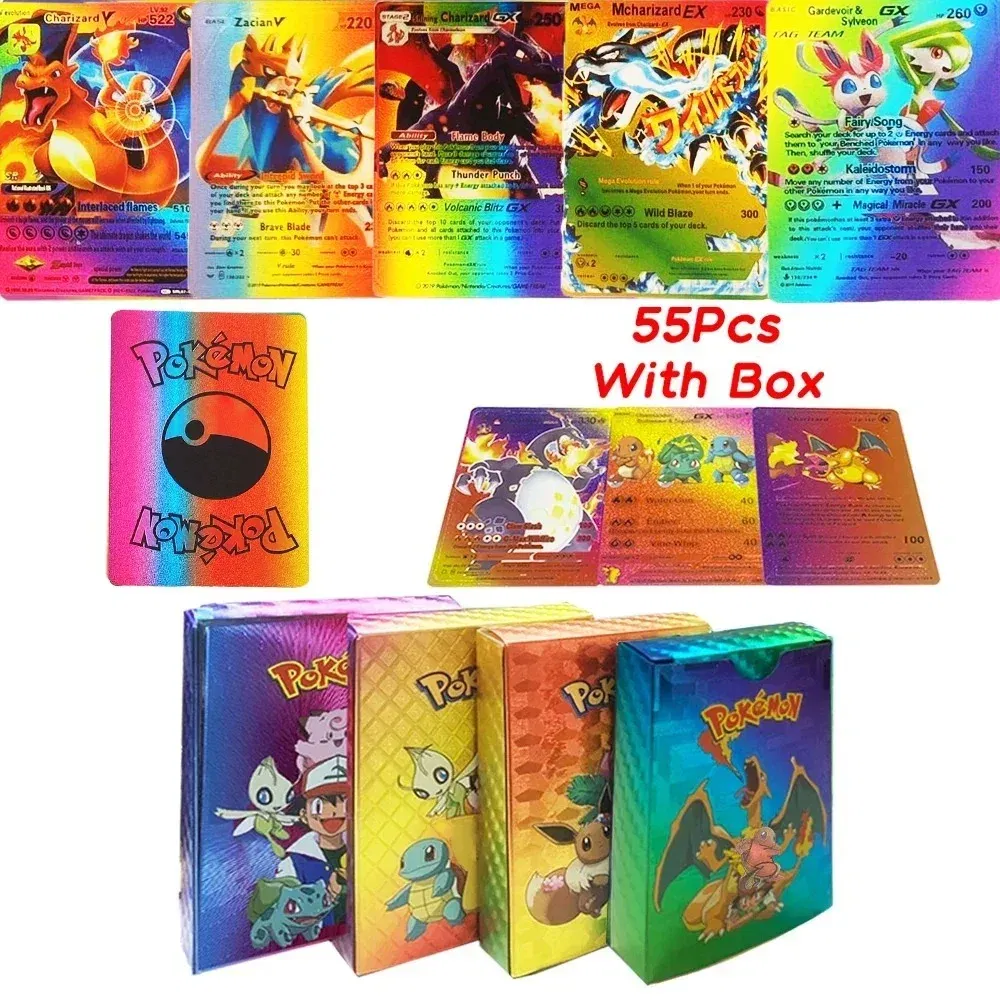 Color: plum - 55PCS Pokemon Colorful Gold Foil Card Charizard Pikachu Arceus Diamond Rainbow English French German Spanish VSTAR GX VMAX Cards