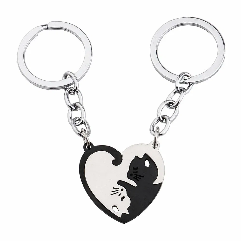 Color: GRAY - Heart-shaped Patchwork Love Cat Keychain Pendant Couple Key Chain Pendant Jewelry European and American Stainless Steel Keychain