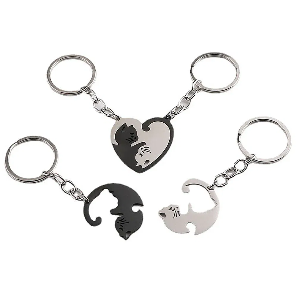 Color: GRAY - Heart-shaped Patchwork Love Cat Keychain Pendant Couple Key Chain Pendant Jewelry European and American Stainless Steel Keychain