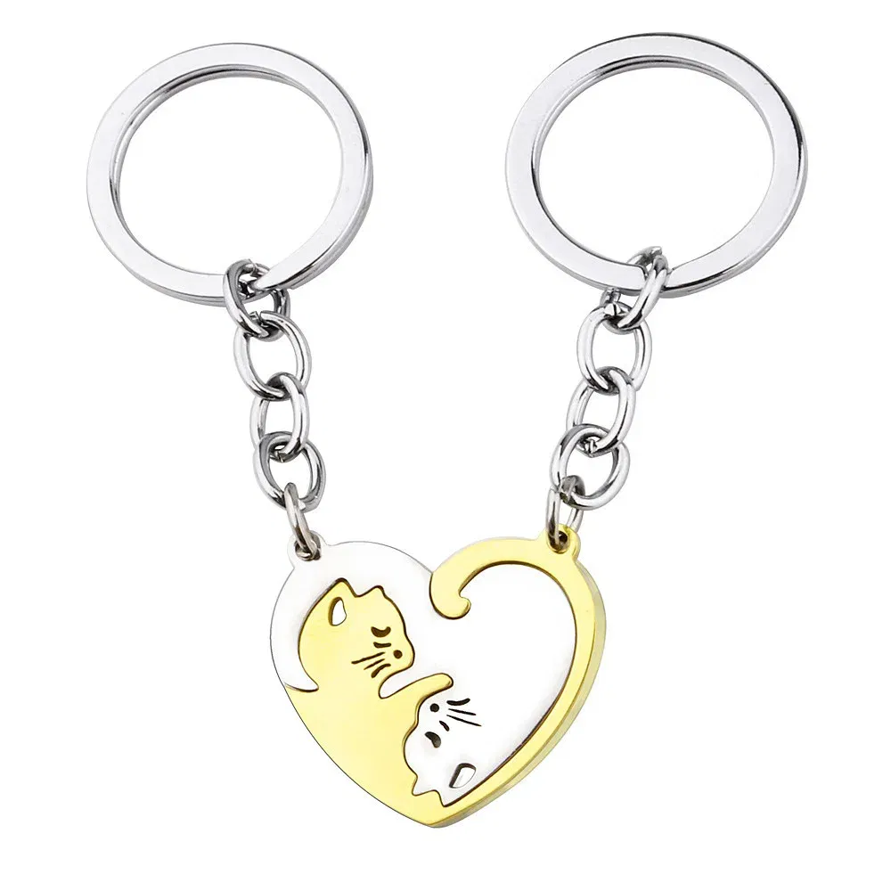 Color: GRAY - Heart-shaped Patchwork Love Cat Keychain Pendant Couple Key Chain Pendant Jewelry European and American Stainless Steel Keychain