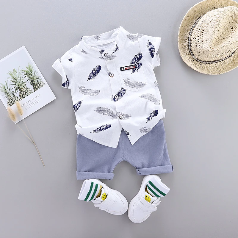 Color: WHITE, Kid Size: 12M - 0-3 Year Old Baby Summer Feather Print Shirt Short Sleeve Suit