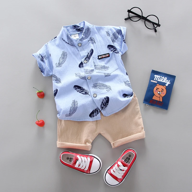 Color: WHITE, Kid Size: 12M - 0-3 Year Old Baby Summer Feather Print Shirt Short Sleeve Suit