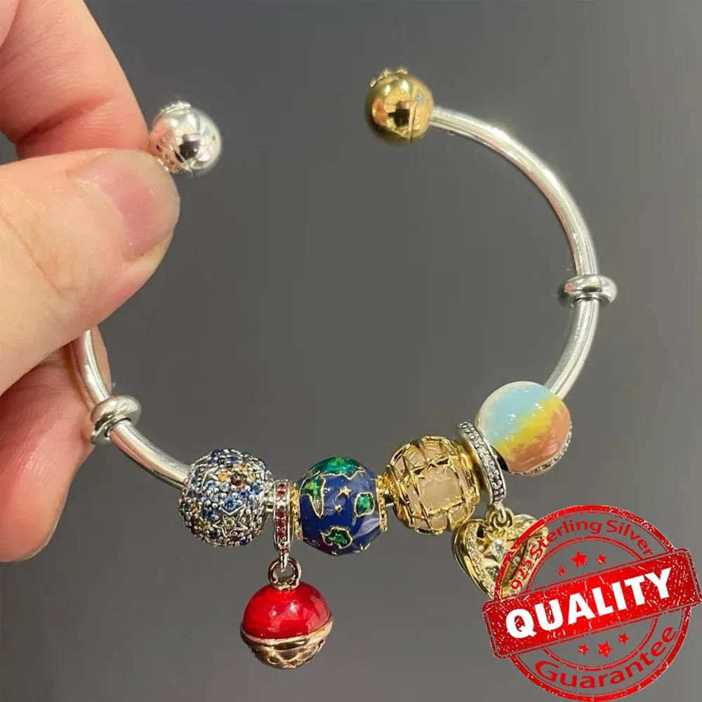 Gem Color: Black, Metal Color: Rhodium Plated - Luxury 925 Sterling Silver Sun & Moon Open Bangle Women Cuff Bracelet For Gold DIY Charm Jewelry Set Accessories Gift Making