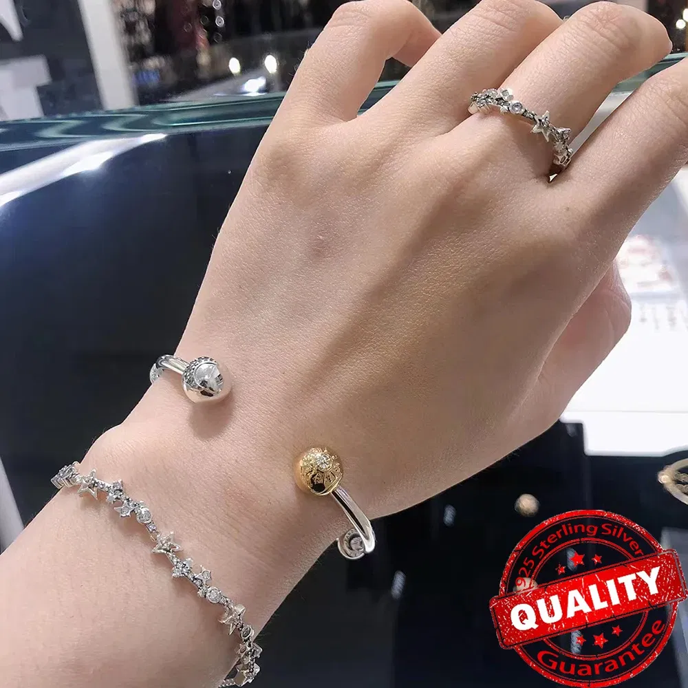 Gem Color: Black, Metal Color: Rhodium Plated - Luxury 925 Sterling Silver Sun & Moon Open Bangle Women Cuff Bracelet For Gold DIY Charm Jewelry Set Accessories Gift Making