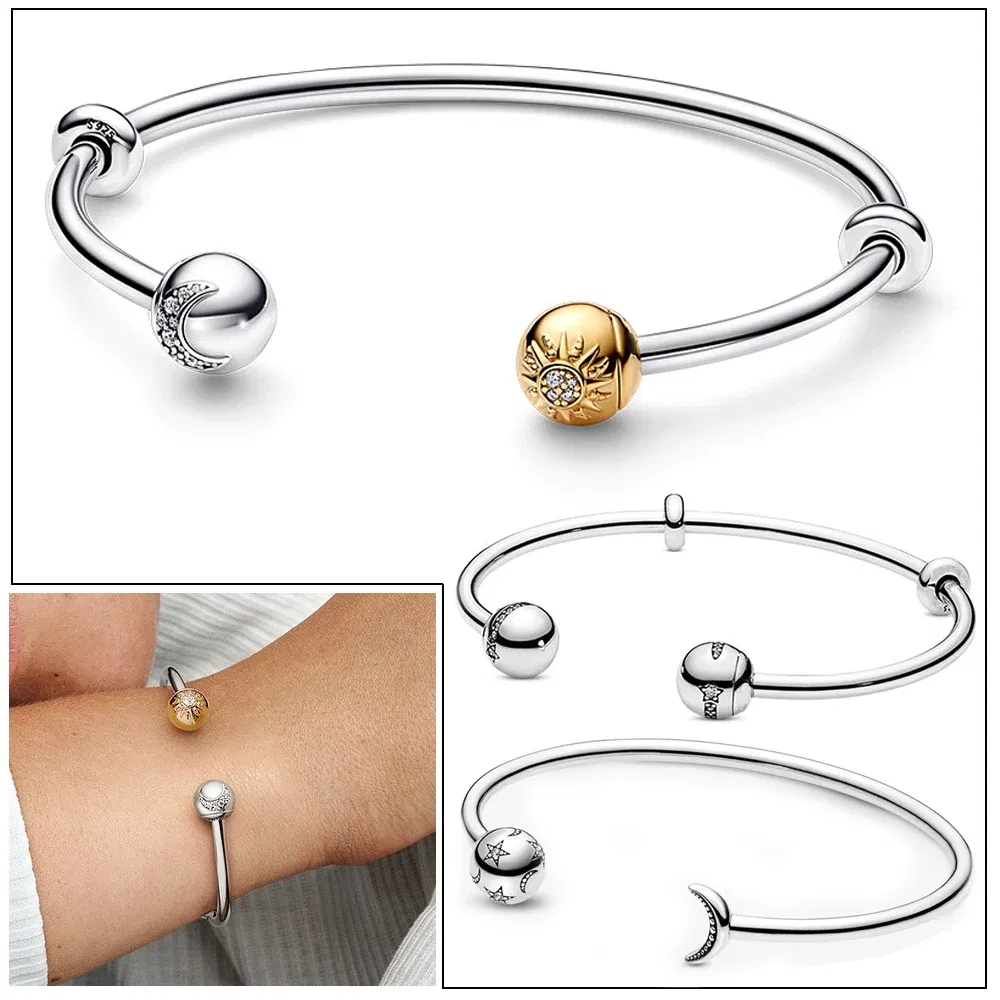 Gem Color: Black, Metal Color: Rhodium Plated - Luxury 925 Sterling Silver Sun & Moon Open Bangle Women Cuff Bracelet For Gold DIY Charm Jewelry Set Accessories Gift Making