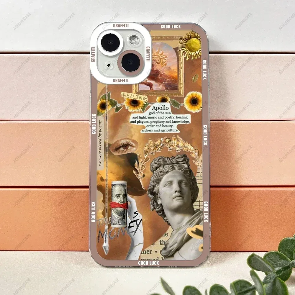 Color: Gold, Material: ABS - Aesthetic Statue Art Phone Case For iPhone 16 15 14 13 12 11 Pro Max XS X XR Plus Mini Luxury Transparent Soft Funda