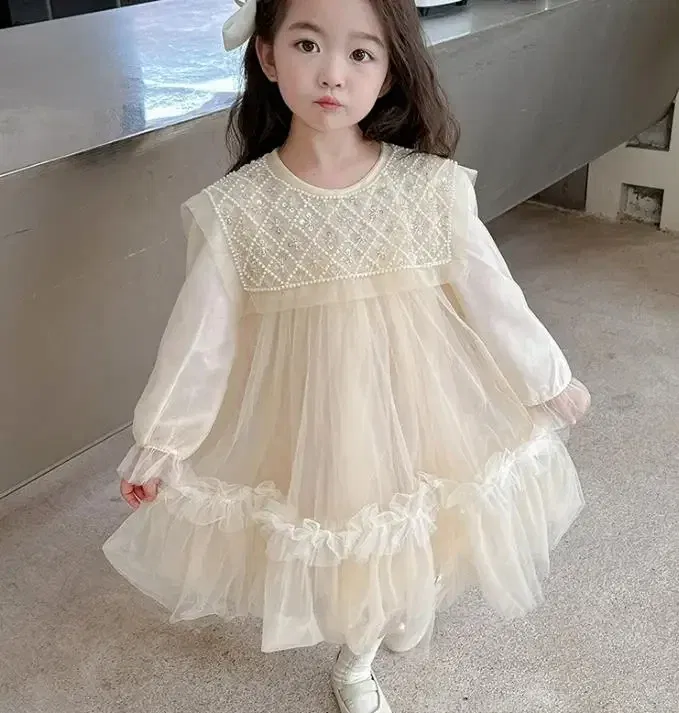 Color: Beige, Kid Size: 7 - Girls' Princess Dress 2023 Spring Summer Children's Wear Korean  Pearl Neck Princess Dress Fashion Yarn Dress