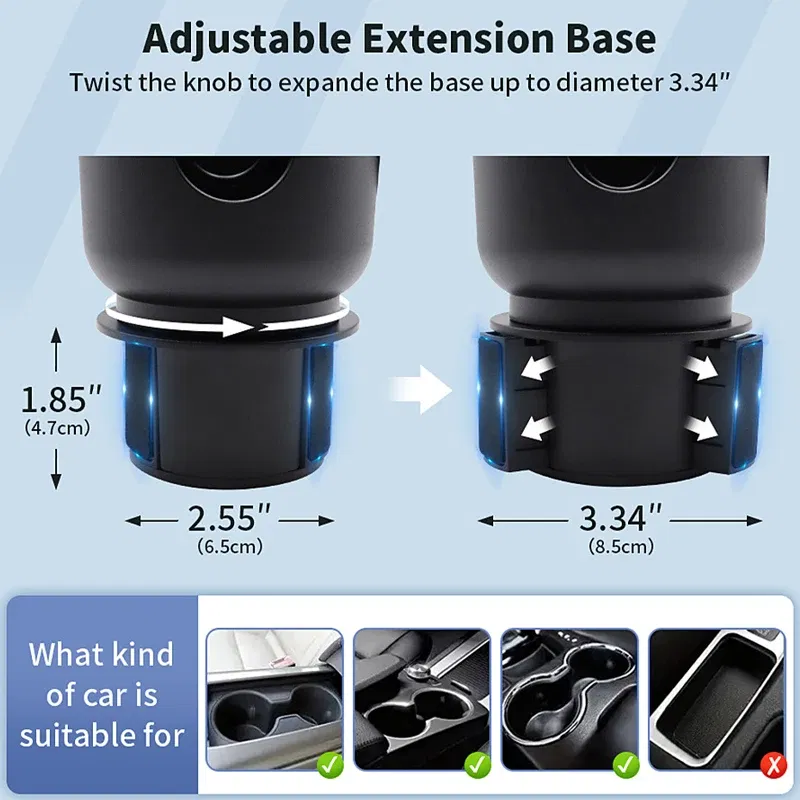BLALION Upgraded Car Cup Holder Expander Multifunction 3 In 1 Phone Mount Stand with Adjustable Rotatable Base Car Storage Clip