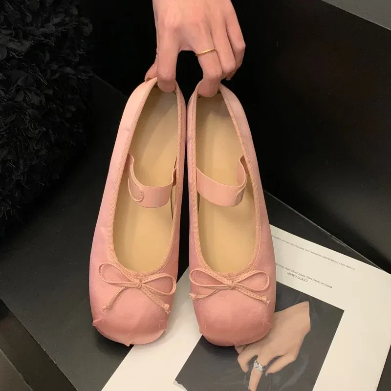 Color: SKY BLUE, Shoe Size: 40 - 2023Luxury Satin Silk Ballet Shoes Woman Classic Square Toe Bowtie Elastic Band Ballerina Flats Ladies Soft Loafers
