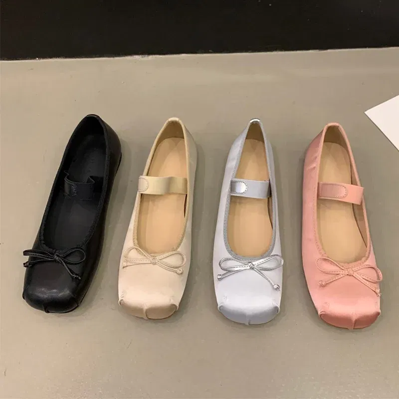 Color: SKY BLUE, Shoe Size: 40 - 2023Luxury Satin Silk Ballet Shoes Woman Classic Square Toe Bowtie Elastic Band Ballerina Flats Ladies Soft Loafers