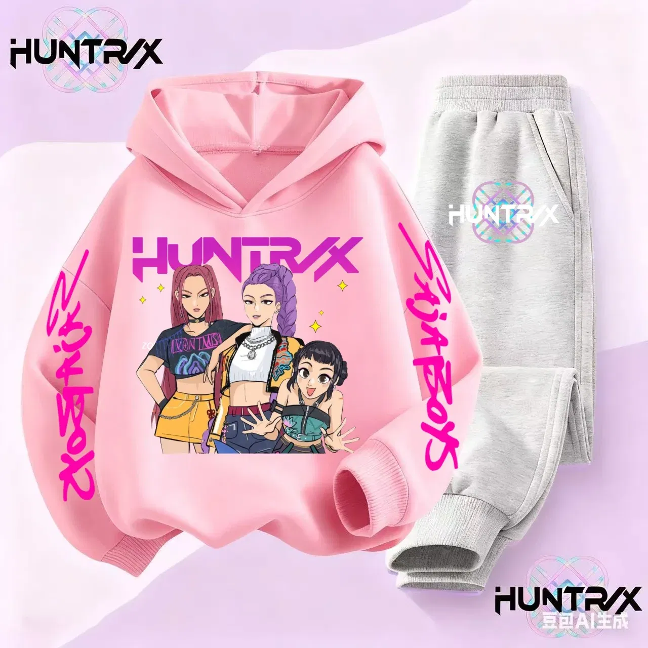 Color: Beige, Kid Size: 6 - 3-14Y Kpop Demon Hunters Hoodie Set Boys Girls Kids Autumn Sportswear Daily Clothes 2025