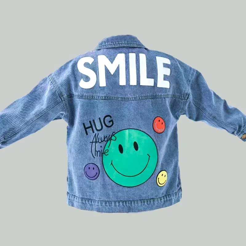 Color: Beige, Kid Size: 4T - 2022 Autumn Spring Fall Boys Casual Cartoon Denim Kids Jackets Turn-down Collar Long Sleeve Coat Girls Loose Tops for Teens
