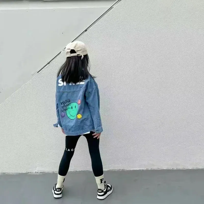Color: Beige, Kid Size: 4T - 2022 Autumn Spring Fall Boys Casual Cartoon Denim Kids Jackets Turn-down Collar Long Sleeve Coat Girls Loose Tops for Teens