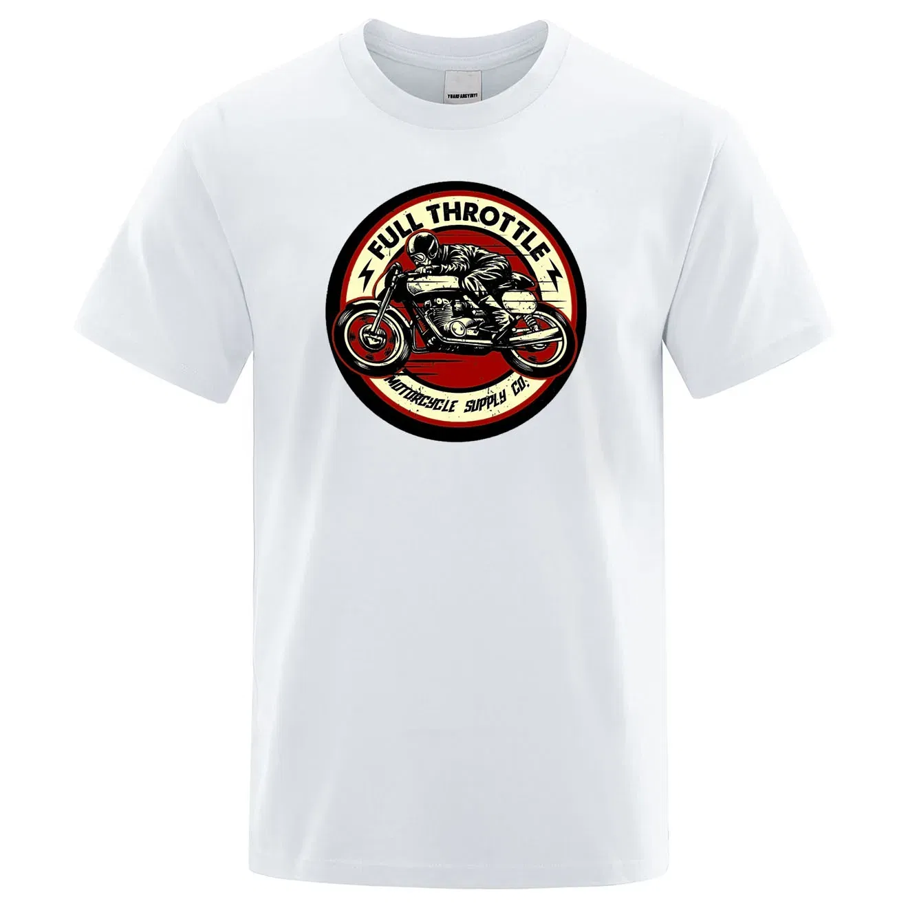 Color: WHITE, Size: M - Full Throttle Cafe Racer Rockabilly Biker Printed T-Shirt Men Fashion Casual Short Sleeve Loose Cotton Tshirt Summer Loose Tees