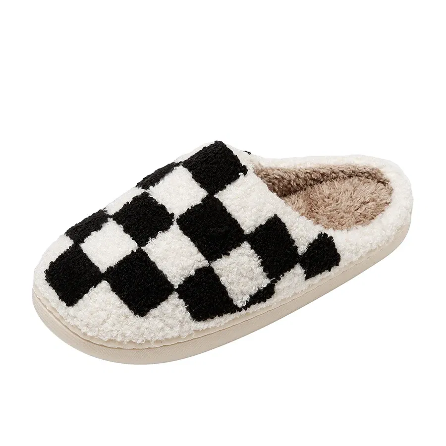Color: Blue, Shoe Size: 5 - New Fuzzy Slippers Fashion Checker Indoor Embroidery Houseshoes Cozy Woman Winter Fluffy House Retro Checkered Print Shoes