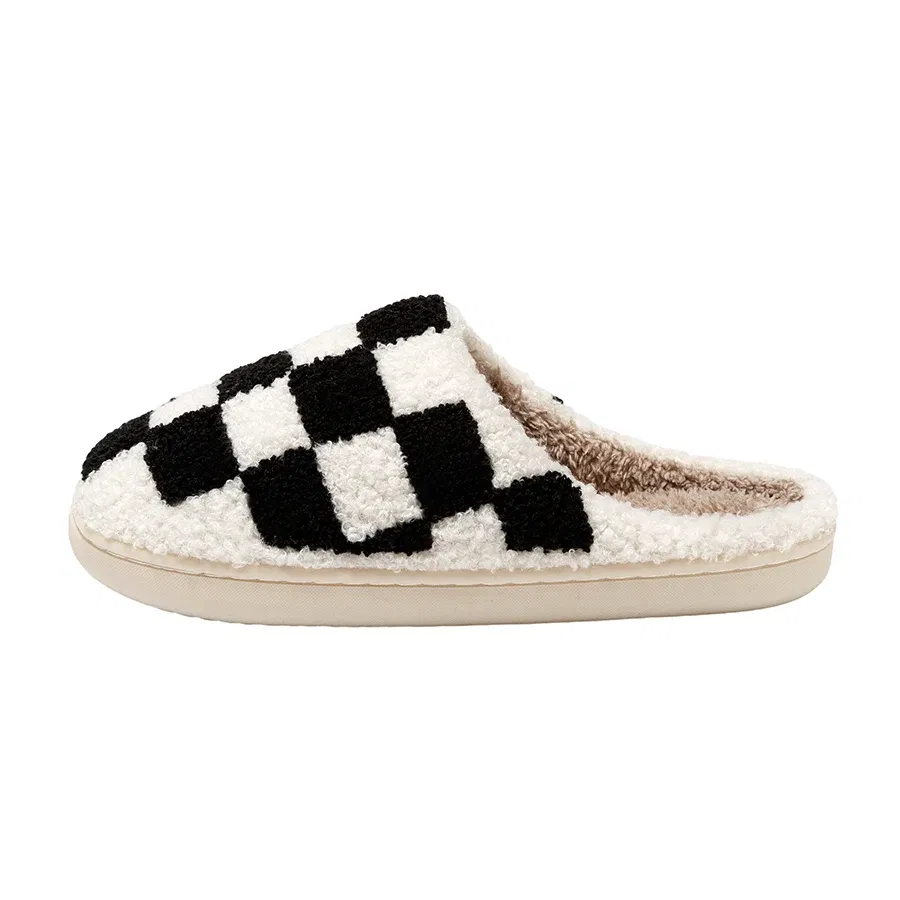 Color: Blue, Shoe Size: 5 - New Fuzzy Slippers Fashion Checker Indoor Embroidery Houseshoes Cozy Woman Winter Fluffy House Retro Checkered Print Shoes
