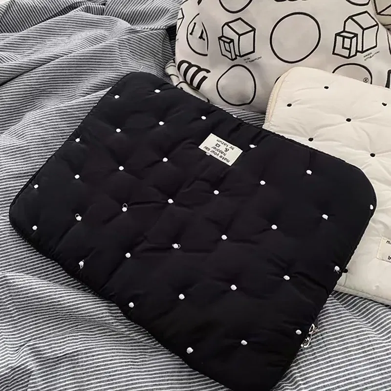 Color: Beige, Size: 15.6-inch - Laptop bag for macbook air 13 case 13-14 Inch puffy notebook pouch 15-16Inch Cute laptop sleeve 9-11 Inch Tablet Sleeve girl bag