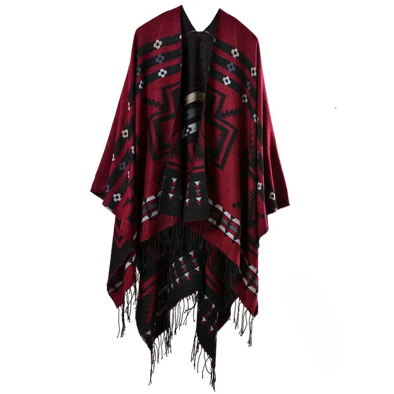 Color: Turquoise, Size: One Size - European American Popular Tassel Thickened Cashmere Like National Style Travel Fork Shawl Scarf in autumn Ponchos Capes P9