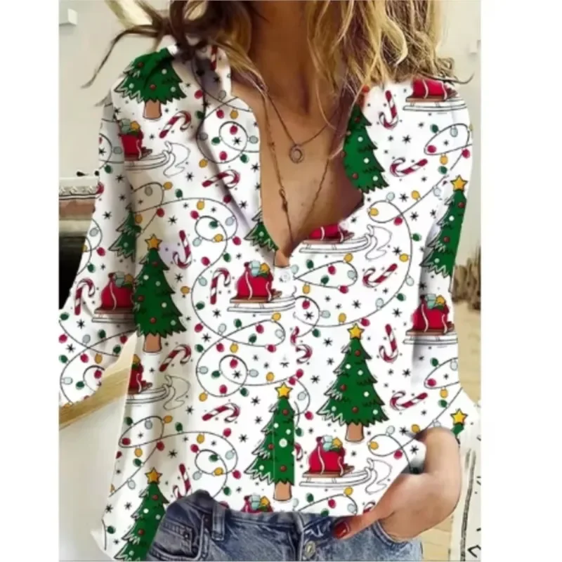 Color: Gold, Size: XXL, Ships From: CHINA - Women New Christmas Shirt Cute Christmas Tree Santa Claus Print Blouses Casual Long Sleeve Button Tops Autumn Blouses Ladies
