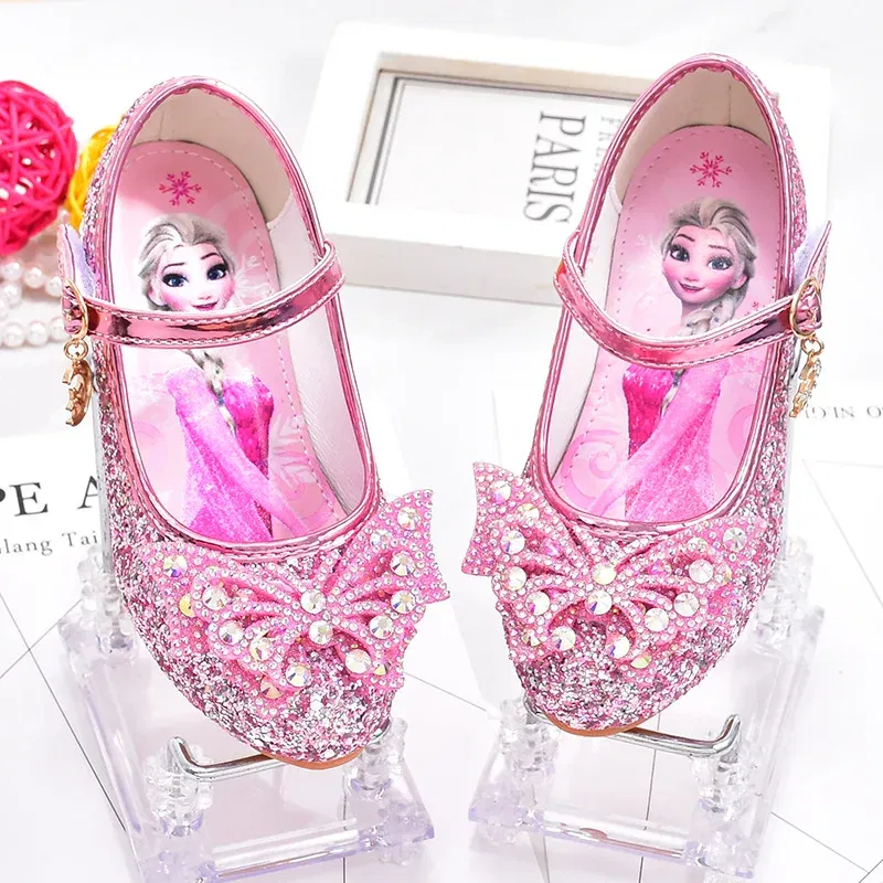 Color: PURPLE, Shoe Size: 33 - Disney Princess Elsa Leather Shoes Girls' High Heels Shoes Fashion Girls' Crystal Shiny Children's Blue Pink Shoes Size 26-35