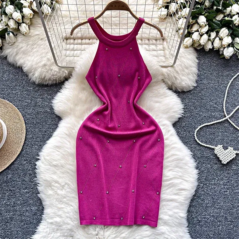 Color: Rose Red, Size: One Size - Beading Halter Women's Knitting Sheath Tank Dress Female Bodycon Knitted Camisole Sleeveless Mini Dresses For Woman Outfits
