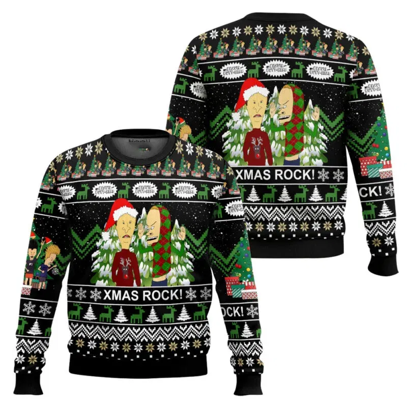 Color: GRAY, Size: M - Xmas Rock Beavis and Butthead Ugly Christmas Sweater Cartoon Anime Women Men Pullover Tops New Fashion Couple Hoodie Sweatshirt