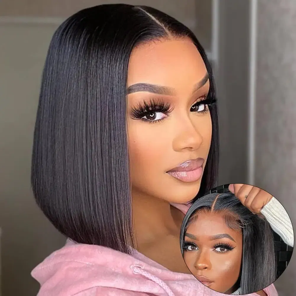 Hair Color: #1B, Ships From: United States, Stretched Length: 8inches, Density: 150% - Wear And Go Glueless Bob Wig Human Hair 7x5 HD Lace Closure Human Hair Pre Plucked No Glue Pre Cut Ready To Wear Frontal Wig