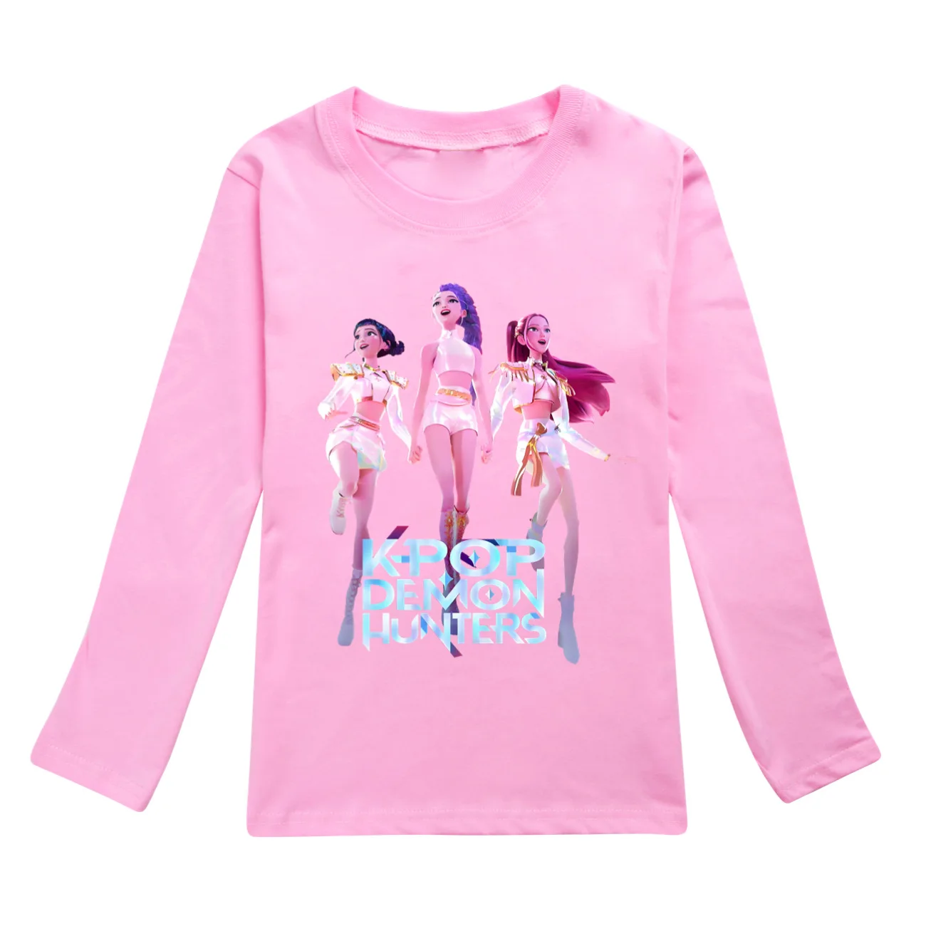 Color: Khaki, Kid Size: 3T - KPop Demon Hunters Huntrix Tshirt Kids Clothes Teenage Boys O-Neck Cartoon Casual T-shirts Girls Long Sleeve Tops Child Clothing