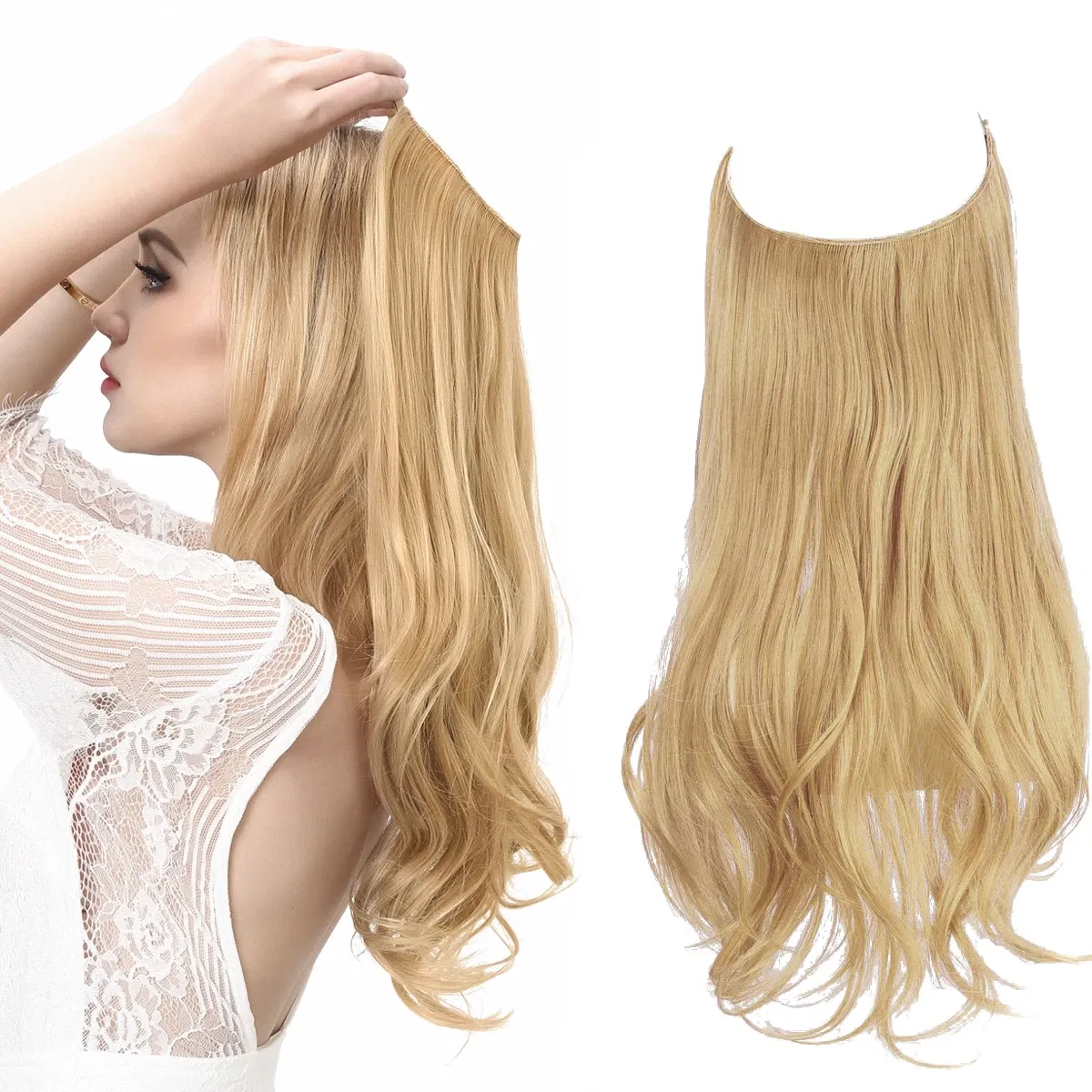 Color: OMBRE, Stretched Length: 18inches - Synthetic No Clip Wave Hair Extensions Ombre Natural Black Blonde Pink One Piece False Hairpiece Fish Line Fake Hair Piece