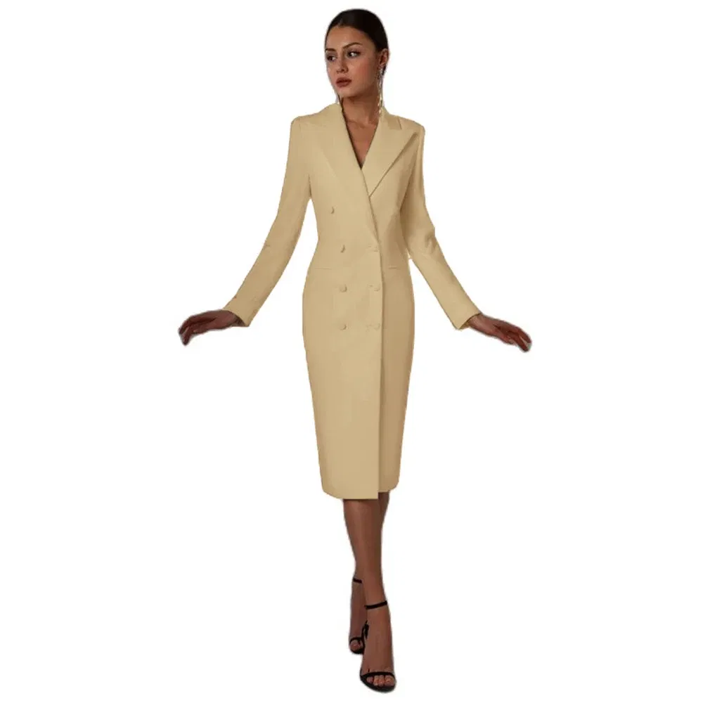 Color: Champagne, Size: L - Women's Suit Long Blazer Double Breasted Jacket White Tuxedo Party Point Lapel Clothes спор?‚ивн?‹й кос?‚юм ?¶?µнск