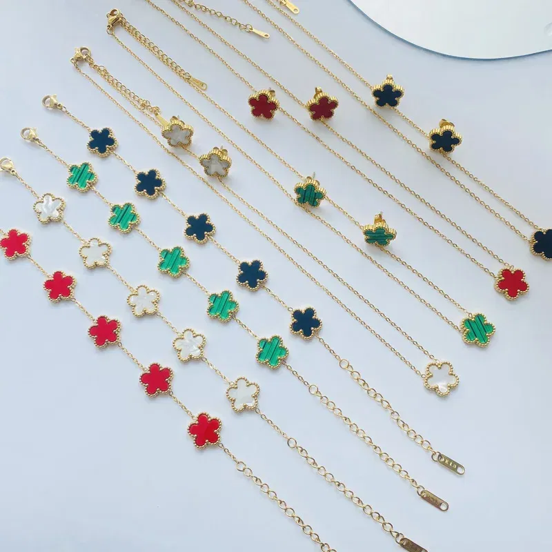 Metal color: Gold-color - 3pcs/set Stainless Steel Flower Jewelry Set Gifts Luxury Modern Fashion Charm Necklace Earrings Bracelet Set Jewelry for Women